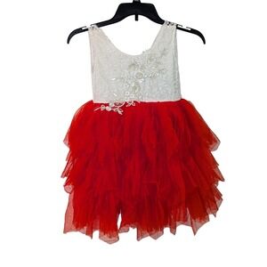 Girls Lace Top Tulle Ruffle Dress Red White Size 6 Special Occasion Party NWT